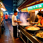 Bustling Bangkok Street Food Scene**
A vibrant and dynamic street food market in Bangkok at night. The central focus is a highly detailed, sizzling wok on a mobile cart, with a vendor expertly preparing Pad See Ew. Around the cart, locals and tourists are enjoying food, their faces illuminated by warm, inviting lights from numerous food stalls. The atmosphere is energetic, filled with the aroma of spices and the sounds of chatter and cooking. Focus on the rich textures of the food, the steam rising from the wok, and the lively crowd.
*   **Style:** Realistic photo, high detail, cinematic lighting
*   **Keywords:** Bangkok street food, night market, Pad See Ew, bustling, authentic, vibrant, Thai culture, cooking, warm light, street photography

**