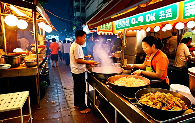 Bustling Bangkok Street Food Scene**
A vibrant and dynamic street food market in Bangkok at night. The central focus is a highly detailed, sizzling wok on a mobile cart, with a vendor expertly preparing Pad See Ew. Around the cart, locals and tourists are enjoying food, their faces illuminated by warm, inviting lights from numerous food stalls. The atmosphere is energetic, filled with the aroma of spices and the sounds of chatter and cooking. Focus on the rich textures of the food, the steam rising from the wok, and the lively crowd.
*   **Style:** Realistic photo, high detail, cinematic lighting
*   **Keywords:** Bangkok street food, night market, Pad See Ew, bustling, authentic, vibrant, Thai culture, cooking, warm light, street photography

**