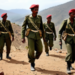 **

A dramatic and evocative scene depicting Eritrean soldiers during their fight for independence from Ethiopia. Focus should be on the unity, determination, and harsh conditions of the war. Show a diverse group of soldiers, both men and women, in worn uniforms, with a backdrop of a rugged landscape. Capture the spirit of sacrifice and resilience.

**