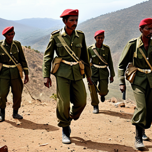 **

A dramatic and evocative scene depicting Eritrean soldiers during their fight for independence from Ethiopia. Focus should be on the unity, determination, and harsh conditions of the war. Show a diverse group of soldiers, both men and women, in worn uniforms, with a backdrop of a rugged landscape. Capture the spirit of sacrifice and resilience.

**