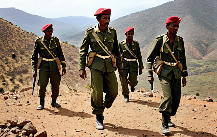 **

A dramatic and evocative scene depicting Eritrean soldiers during their fight for independence from Ethiopia. Focus should be on the unity, determination, and harsh conditions of the war. Show a diverse group of soldiers, both men and women, in worn uniforms, with a backdrop of a rugged landscape. Capture the spirit of sacrifice and resilience.

**
