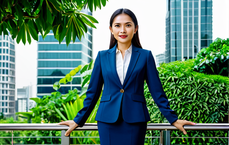 **

A professional Thai businesswoman in a modest, tailored suit, standing confidently in front of a modern Bangkok office building. Lush greenery and vibrant city life in the background. Fully clothed, appropriate attire, safe for work, perfect anatomy, natural proportions, professional photography, high quality, family-friendly.

**
